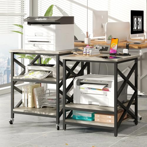 METYERRY Large Printer Stand with Power Outlet, with Height Adjustable Storage Shelf, 3 Tier Rolling Printer Cart with Industrial Wheels, 23.6 x 23.6 Inches Printer Table for Home Office, Greige - color: Greige