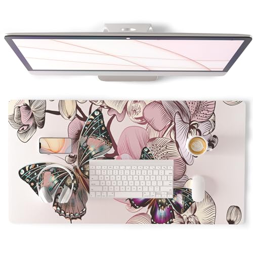 QIYI Large Mouse Pad, PU Leather Desk Blotter Protector, Waterproof Computer Desk Mat, Butterflies Keyboard Mouse Pads, Non Slip Base Home & Office Accessories, Extended Large Size 31.5" x 15.7" - color: Floral Butterflies, size: 31.5" x 15.7"