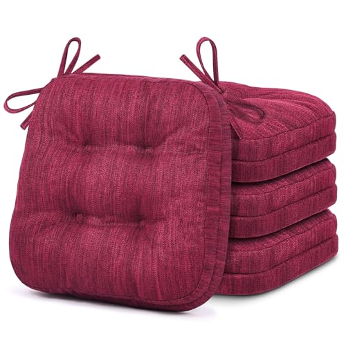 Shinnwa Dining Chair Cushions Set of 4, Dual-Layer Memory Foam Kitchen Chair Cushions, Patented Design Seat Pads with Ties, 16.5 x 16.5 x 3.5in, 4 Pack, Burgundy - color: Burgundy, size: 4 Count (Pack of 1)