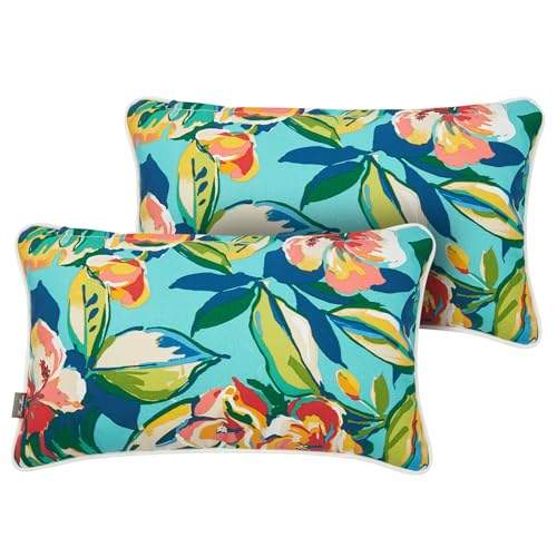 FUNHOME Set of 2 Patio Lumbar Pillows with Insert, 12”x20” Water-Repellent Fade Resistant Outdoor Lumbar Pillow, Decorative Garden Lumbar Cushions for Home Patio Coach Sofa Use-Rosario Flower Leaf - color: Rosario Flower Leaf, size: 20"L x 12"W(With Inser