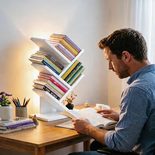 Godferyxin Tree Bookshelf with Liting,Small Bookcase LED and Desktop Book Shelf Light for Office, Home or School Mini Bookcase for Displaying Books, CDs, Magazines Wood White Bookshelf Small - color: 5tier-bookshelf Liting White