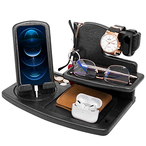 Gifts for Men, Fathers Day Wood Phone Docking Station for Dad, Desk or Nightstand Organizer, Mens Gifts for Husband, Birthday Gifts for Men,Gifts for Fathers Day, Key Holder Wallet, Watch & Essentials - color: Ebony