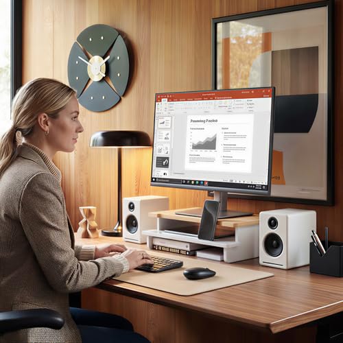 Computer Monitor Stand Riser, 16.5 Inch Wood Desk Shelf Storage Organizer with Phone Tablet Holder, White & Natural Bamboo - color: White & Natural Bamboo, size: 16.5 inch
