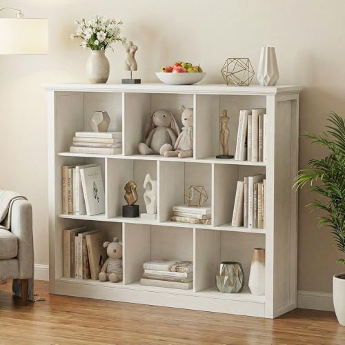 Unikito 10 Cube Storage Book Shelf - 50" Wide Wood Cube Storage Organizer, Wooden 3 Tiers Floor Standing Low Bookcase for Living Room, Bedroom, Home Office, Kids Room, Warm White - color: Warm White, size: 10 Cube (50"W x 38.7"H)