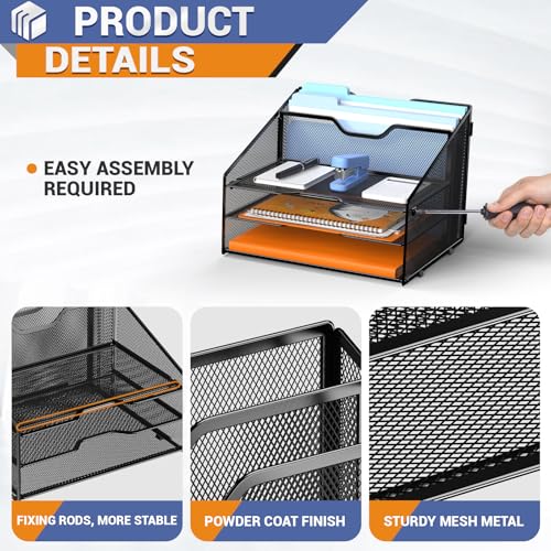 GAWERK Letter Tray Organizer, Mesh Desk File Organizer with 3 Paper Trays and 2 Vertical Upright Section (Silver) - color: Silver