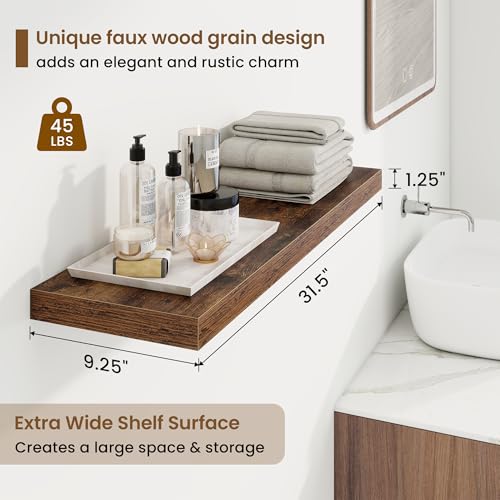 Marsmiles 32in Floating Shelves for Wall, 32" W x 9.25" D x 1.25" H, 2 Pack Long Wall Mounted Engineered Wood Shelves with Invisible Brackets for Living Room, Bedroom, Bathroom, Kitchen, Rustic Brown - color: Rustic Brown With Invisible Metal Brackets, si