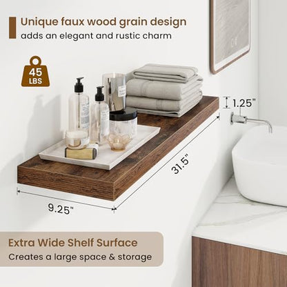 Marsmiles 32in Floating Shelves for Wall, 32" W x 9.25" D x 1.25" H, 2 Pack Long Wall Mounted Engineered Wood Shelves with Invisible Brackets for Living Room, Bedroom, Bathroom, Kitchen, Rustic Brown - color: Rustic Brown With Invisible Metal Brackets, si
