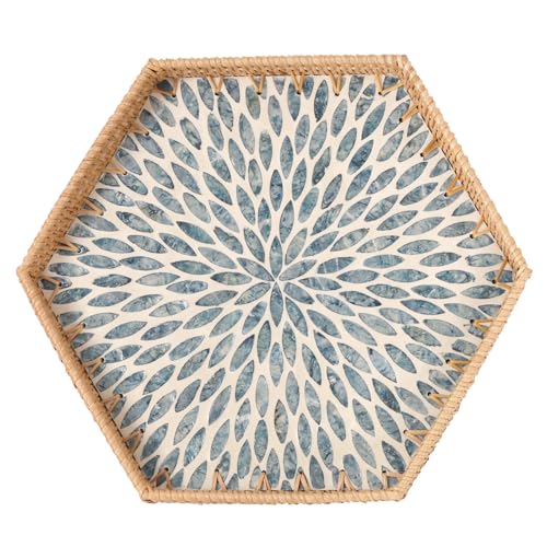 Hexagon Rattan Tray with Mother of Pearl Inlay, Rattan Serving Tray for Coffee, Bread, Fruits, Snacks, Decorative Wicker Tray for Table Decor, Home Decor (Light Blue Leaves, 14.5"×12.8") - color: Light Blue Leaves