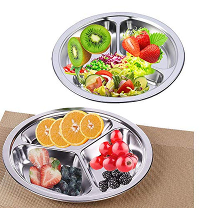 304 Stainless Steel Sectioned Dinner Plates Set of 2 Divided Plates 11 inches with 3 Compartments Mess Trays Food Plate for Adults, Campers, and for Portion Control Metal plate - size: 11 Inch (3 Sections)