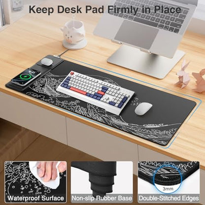 Wireless Charging Mouse Pad with Foldable Phone Holder, 31.5"x15.8" Large Desk Mat for Laptop/Keyboard, Waterproof Ultra-Smooth Surface, Non-Slip Base, Black Wave - color: Black Wave-31.5"x15.8"-Phone Holder