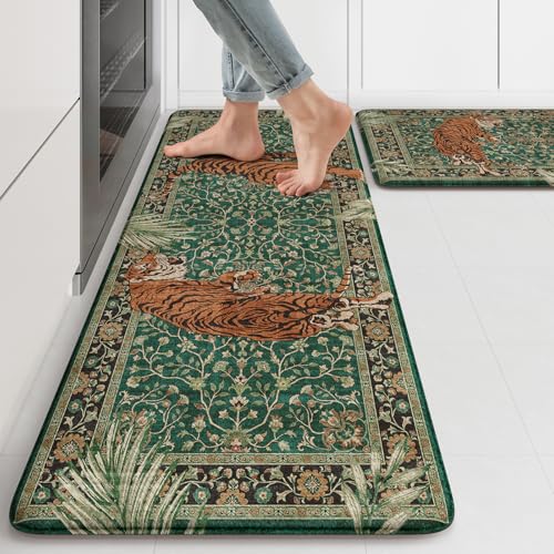 KIMODE Anti Fatigue Mats for Kitchen Floor 17"x47"+17"x29", Cushioned Tiger Kitchen Rugs Sets of 2, Padded Kitchen Floor Mats Non Slip, Comfort Standing Mats for Laundry Office Sink Desk Green - color: Tiger/Green, size: 17.3" x 47"+17.3" x 29"--0.47 inch