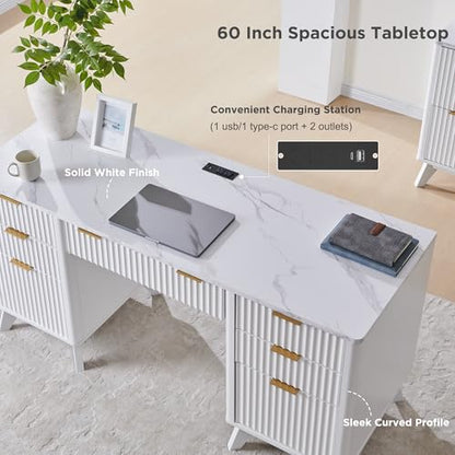 T4TREAM 60'' Fluted Executive Desk with Drawers, Modern Home Office Computer Desk with Charging Station, Keyboard Tray, File Drawer and Storage Cabinet for Study, Living Room, Bedroom, Solid White - color: Solid White