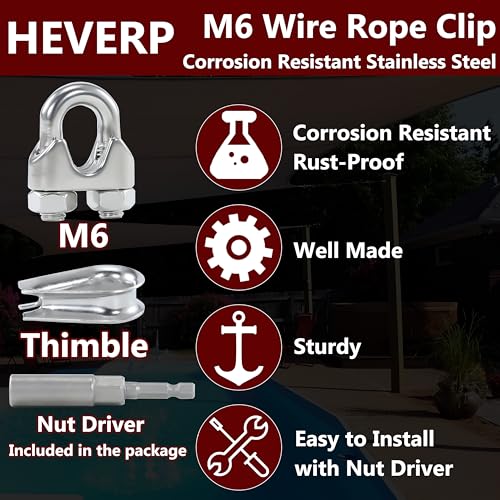 10Pcs M6 1/4 Inches Stainless Steel Wire Rope Clips Cable Clamp,5PCS Thimbles - size: 10 M6 Clips,5 Thimbles,1 Nut Driver