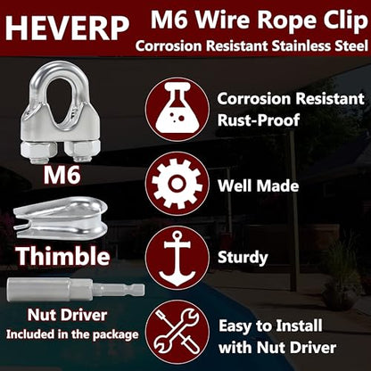 10Pcs M6 1/4 Inches Stainless Steel Wire Rope Clips Cable Clamp,5PCS Thimbles - size: 10 M6 Clips,5 Thimbles,1 Nut Driver