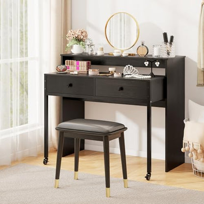 Tangkula Extendable Computer Desk with 2 Storage Drawers, Convertible Home Office Desk with Monitor Shelf, Metal Frame & Lockable Wheels, Rolling Study Writing Desk (Black) - color: Black