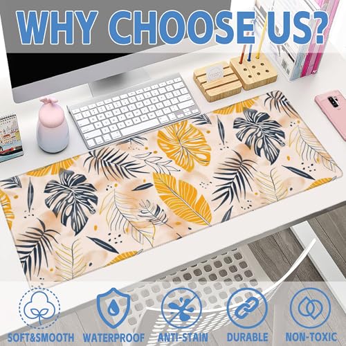 Desk Mat, Boho Palm Leaves Large Gaming Mouse Pad for Desk XL,Boho Tropical Leaves Desk Pad,Extended Big Computer Keyboard Mouse Pad with Non-Slip Base and Stitched Edge 31.5"x11.8" - color: Boho Palm Leaves, size: XL-31.5"x11.8"