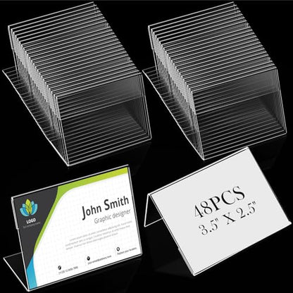 Teling 3.5 x 2.5 Inch Acrylic Business Card Holder Slant Back Sign Holders Clear Name Display Mini Acrylic Stands l Shaped Display Stand for Classroom Home Office Decorating Supplies(48 Pcs)