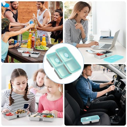 KITHELP 4 Pcs Grab and Go Snack Containers Reusable with Lids, Double Compartment Snack Containers with 2 Forks 2 Spoons, Stainless Steel Snack Container for Camping, Lunch, Dessert - color: Blue