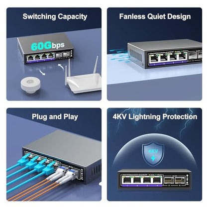 6 Port 2.5G Unmanaged Ethernet Switch, 4 x 2.5G Base-T Ports, 2 x 10G SFP+, Compatible with 100/1000/2500Mbps, Metal Fanless, Desktop/Wall Mount NICGIGA 2.5Gbe Network Switch for Wireless AP, NAS, PC