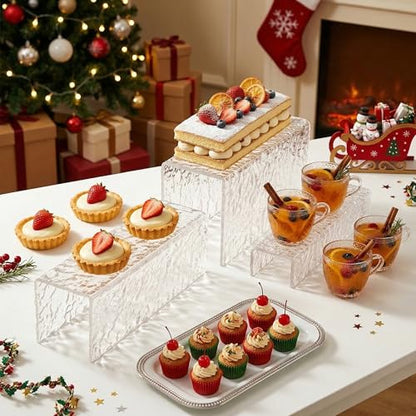 3 Pcs Clear Acrylic Display Stand with Crystal Texture, 4.5mm Thick Premium Acrylic Riser Set for Jewelry, Desserts, Handbags & Collectibles, Multi-Size Display Holder for Party & Home Decor
