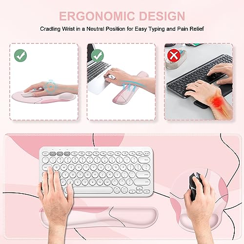 iCasso Large Gaming Mouse Pad Wrist Support Set, Desk Mat, 4in1 XXL Mousepad + Keyboard Wrist Rest+Mouse Wrist Rest+Coaster Set with Ergonomic Design for Home Office Table Computer-Pink Art - color: Pink Art