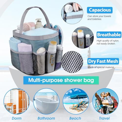 Attmu Mesh Shower Caddy Portable for College Dorm Room Camping Essentials, Shower Caddy Dorm with 9-Pockets, Large Capacity Hanging Basket Bathroom Bag for Toiletry, Swimming, Gym, Camp, Beach - color: Grey