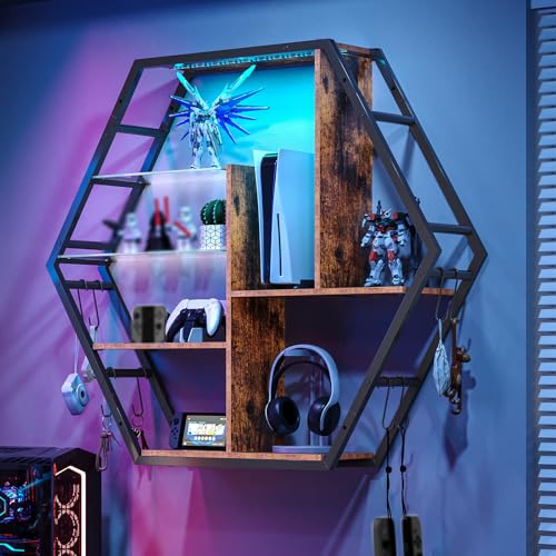 Saudism Floating Shelves with Lights, Led Shelves for Wall, Gaming Room Decor Display Shelf, Lighted Bar Shelves, Extra Hanging Hooks Storage, Sturdy Fast Assembly Great Weight Capacity-Rustic Brown - color: Rustic Brown