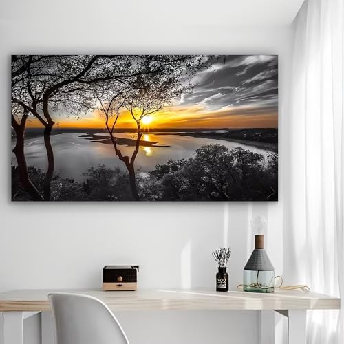Sunset Over Lake From Hilltop Rustic Canvas Wall Art - 12x24in Unframed Poster- Home & Office Decor for Living Room, Bedroom, Kitchen & Cafe - color: Sunset Over Lake