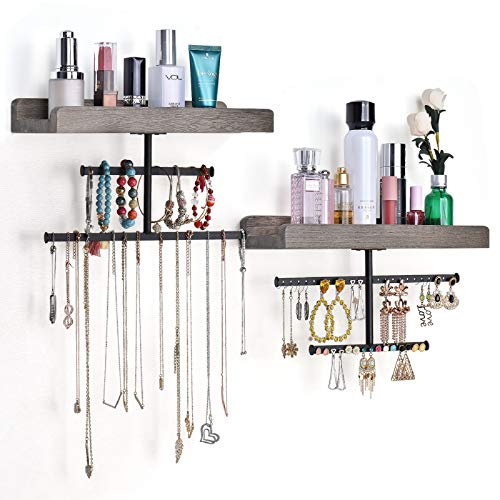Keebofly Hanging Wall Mounted Jewelry Organizer with Rustic Wood Jewelry Holder Display for Necklaces Bracelet Earrings Ring Set of 2 Weathered Grey,[Patented] - color: Weathered Grey