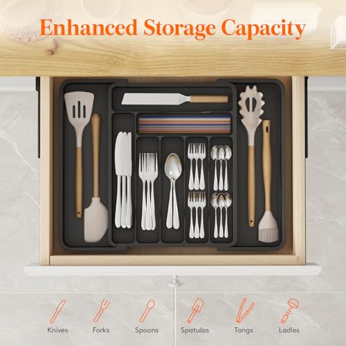 Lifewit Utensil Organizer for Kitchen Drawer, Expandable Cooking Silverware Tray, Adjustable Cutlery Flatware Holder, Plastic Spatula Tools Storage Divider, 11.8-19.6 x 15", Black - color: Black, size: Large Deep（11.8-19.6'W x 15''D）