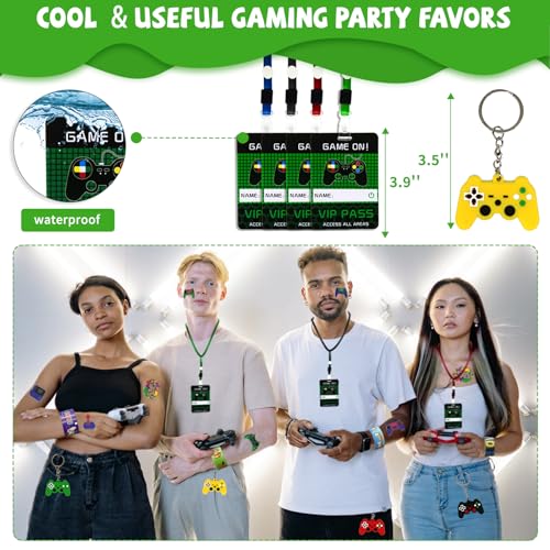 146 Pcs Video Game Party Favors, Gamer Party Favor -Ink Pen Notebook VIP Passes with Lanyards Slap Bracelets Keychains Bags Tattoo Stickers for Kids Gaming Party Favors Game On Birthday Partys Favor - style: Video Favor