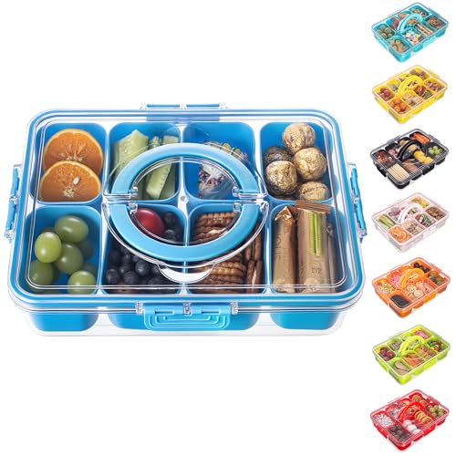 Divided Serving Tray with Lid and Handle - Snackle Box Charcuterie Container for Portable Snack Platters Organizer for Candy, Fruits, Nuts, Snacks - Perfect for Party, Entertaining, Cerulean - color: Cerulean
