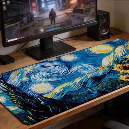 Starry Night and Sunflowers Gaming Mouse Pad with Stitched Edges Non-Slip Rubber Base Mouse Pad for Office,Computer,Keyboard,Laptop and Home Desk,31.5 x 11.8 Inch - color: Starry Night and Sunflowers, size: 11.8*31.5inch