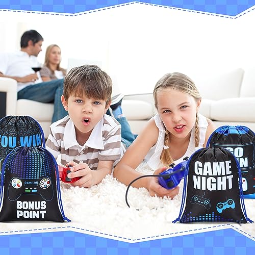 Faccito 16 Pieces Video Game Party Favors Bags 7 x 9.8 Inch Gaming Party Drawstring Bags Bulk Game Theme Goodie Candy Treat Gift for Boys Girls Birthday Supplies, 8 Styles(Blue)