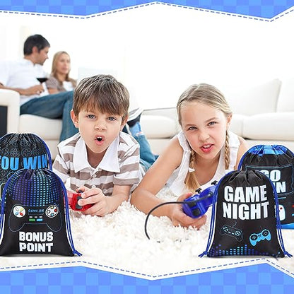 Faccito 16 Pieces Video Game Party Favors Bags 7 x 9.8 Inch Gaming Party Drawstring Bags Bulk Game Theme Goodie Candy Treat Gift for Boys Girls Birthday Supplies, 8 Styles(Blue)