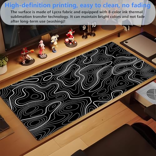 Extended Gaming Mouse Pad XL, Black Topographic Map Desk Mat, Non-Slip | High-performance XL gaming mousepad featuring an abstract contour line print and heavy-duty stitched edges. - color: Black Topographic