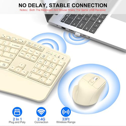 Wireless Keyboard and Mouse Combo, Ergonomic Wave Keys (Latte) | 2.4G Full Size Wave Keyboard with Wrist Rest, 3-Level DPI Adjustable Ergonomic Mouse for Windows and Mac OS Desktop/Laptop/PC - color: Latte