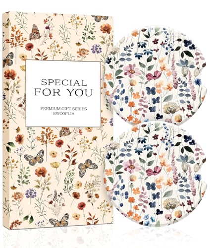 Swooflia Car Coasters for Women - Soft Tone Floral Car Cup Coasters Absorbent Cup Holder Coasters for Car 2 Pcs Ceramic Car Coasters with Cork Base Car Interior Accessories - color: Watercolor Flower