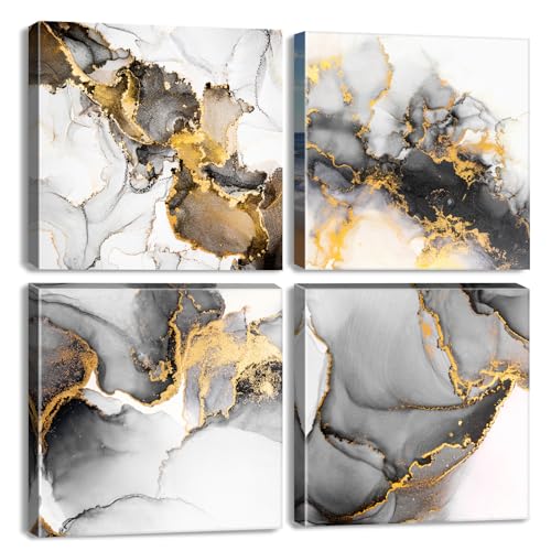 Black and Gold Abstract Wall Art Bathroom Wall Decor Contemporary Marble Artwork for Walls Ink Texture Painting Canvas Prints Living Room Fluid Lines Pictures Bedroom Office Home Decorations 12x12” 4P - color: Abstract Marble, size: 12x12in