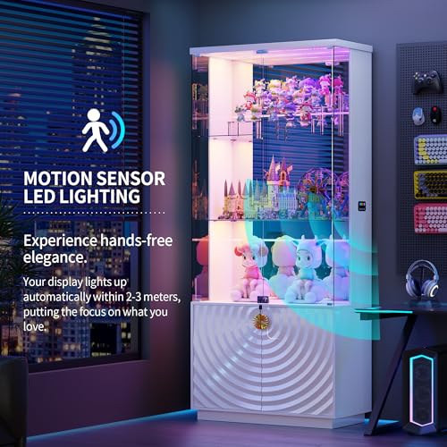 Lvifur 4-Tier Display Cabinet with Glass Doors,71''H Lockable Curio Cabinet with RGB Lights for Collectibles,White Glass Display Cabinet with Human Body Sensor,Glass Shelves,Living Room - color: White-rgb Lights