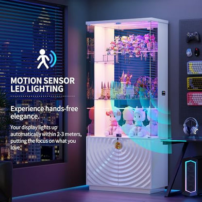 Lvifur 4-Tier Display Cabinet with Glass Doors,71''H Lockable Curio Cabinet with RGB Lights for Collectibles,White Glass Display Cabinet with Human Body Sensor,Glass Shelves,Living Room - color: White-rgb Lights