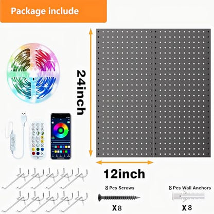RGB Gaming Wall Organizer Peg Board with RGB LED Strip Lights, 2PCS Metal Gamer Wall Decor Peg Board with Hooks, DIY Gaming Setup Organizer PegBoard Gaming Wall Accessories 12 * 24”