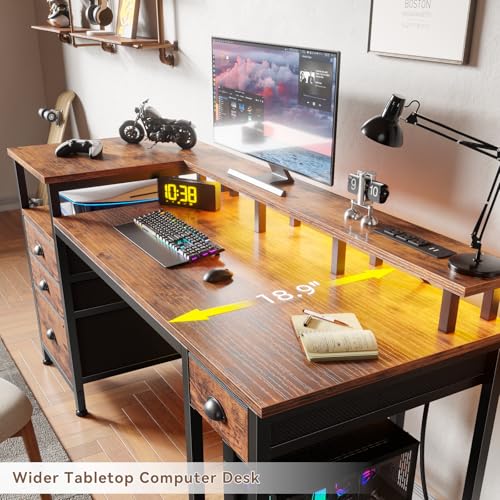 Furologee 60" Computer Desk with File Cabinet and Storage Shelves, Reversible Home Office Desk with LED Lights, Full Monitor Stand, Power Outlets, Study Gaming Table with 4 Drawers, Rustic Brown - color: Rustic Brown