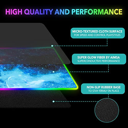 AIMSA RGB Gaming Mouse Pad Extended, Large Led Mousepads Non-Slip Rubber Base with 14 Lighting Modes, Computer Keyboard Mat Soft Desk pad Waterproof 35.4 x 15.8 inches, Galaxy Nebula Universe - color: Galaxy Nebula Universe