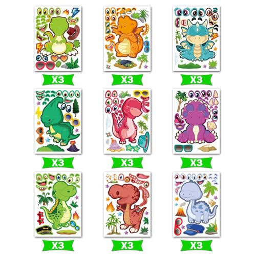 27 Sheet Dinosaur Stickers Make Your Own Dino Stickers for Kids 3+, Make-a-face Sticker Boys Girls Dinosaur Birthday Party Decorations, DIY Craft Birthday Party Favor Supplies - style: Dinosaur face Stickers
