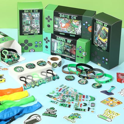 243 Pcs Video Game Party Favors for 24 Kids Gamer Goodie Bag Stuffers for Boys Gaming Birthday Party Supplies with Gift Boxes, VIP Pass, Balloons, Bracelets, Keychains, Badges, 3D Stickers - color: Green