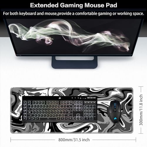 Canjoy Gaming Mouse Pad, Fluid Pattern Mouse Pad 31.5x11.8inch Large Extended Computer Mouse Mat Keyboard Full Desk Mousepad for Gaming, Office, Home - color: Black-Gray Fluid, size: 800*300mm