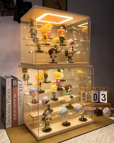 Clear Acrylic Display Case with Light , 3 Tier Display Box Stand Assembly Dustproof Protection Showcase for Collectibles Action Figures (12.6×7×9in; 32×18×23cm) - color: Wood with light, size: 3 Tier 12.6×7×9in；32×18×23cm