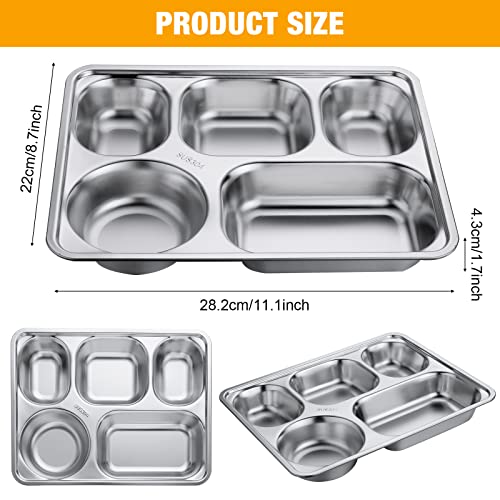 Foaincore 8 Pack 304 Stainless Steel Divided Plates Rectangular Portion Control Plates with Compartments Unbreakable Metal Food Tray for Lunch, Dinner, Camping, Heavy Gauge (5 Compartment) - style: 5 Compartment
