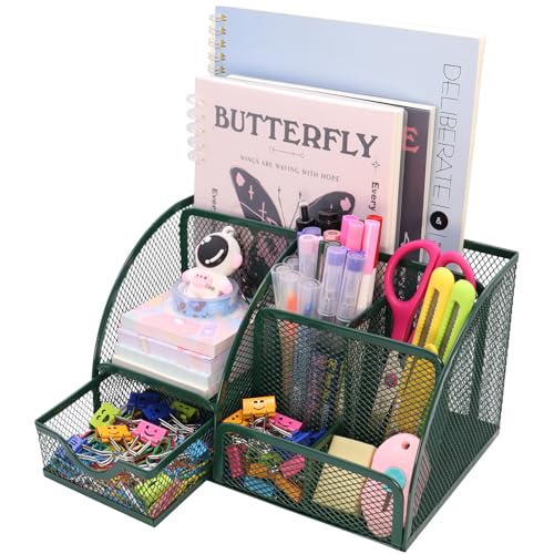 Boutilon Mesh Desk Organizer Desktop Office Supplies Stationary Organizer with 6 Compartments and 1 Drawer Multi-Functional Caddy Pen Holder for Home Office School Desk Decor(Dark Green) - color: Dark Green